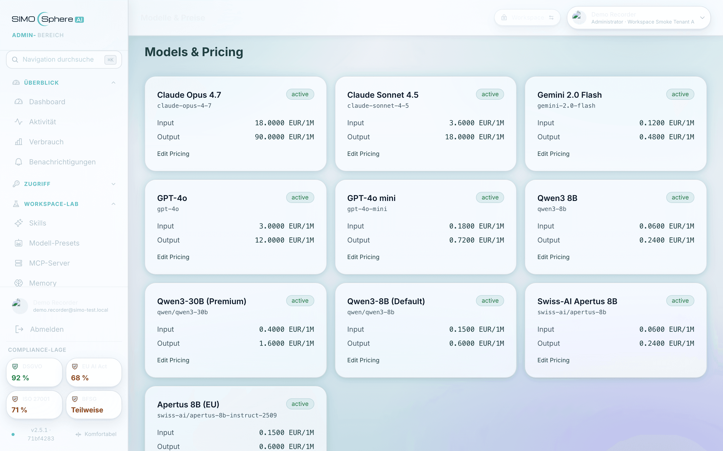 SIMOSphere AI Dashboard mit verfuegbaren KI-Modellen und Per-Token-Preisen